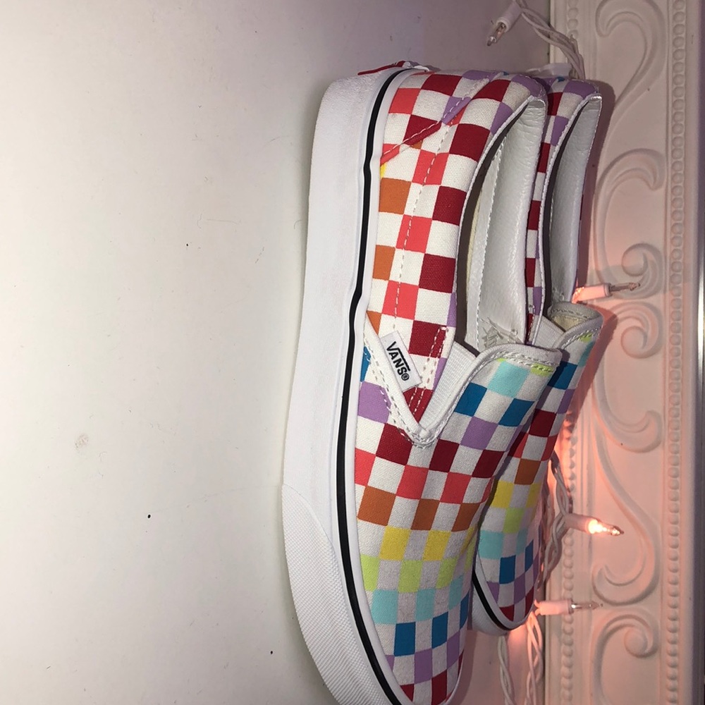rainbow checkered slip-on vans